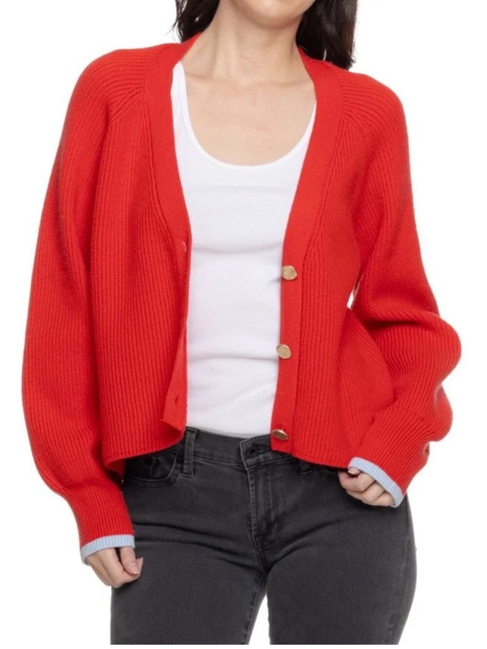 Scotch & Soda Bright Red Ribbed Button Cardigan. Retails for $128.